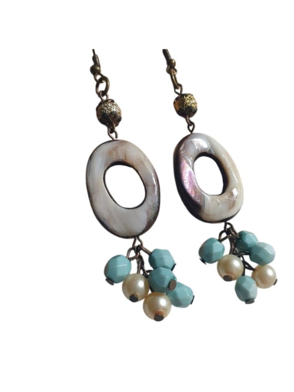 Vintage Dangle Earring Mother Of Pearl Aqua Gold Beads Oval Drop Hook Beach Core